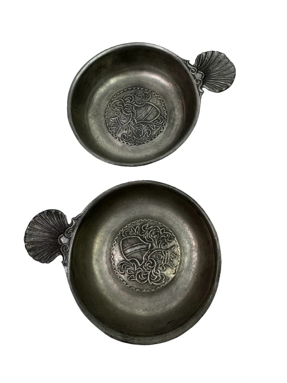 VTG Lot Of 2 Tastevin Wine Taster Shell Handle Heraldic Crest Crested  Dish Cup